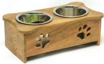 Advance Pet Wood Diner Bone with Paw Print, Stainless Steel Bowl, Medium