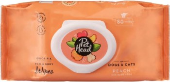 PetHead Quick Fix No Rinse Paw and Body Wipes for Dogs and Cats, Peach Scented, 80 count