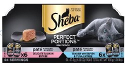 Sheba Perfect Portions Pate in Natural Juices Variety Pack with Salmon, Tuna, and Whitefish Grain Free Wet Cat Food case of 12, 2.6oz Twin Packs