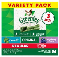 Greenies Dental Chews Variety Pack (Fresh, Original, Blueberry Flavor), 36 Count, 36oz