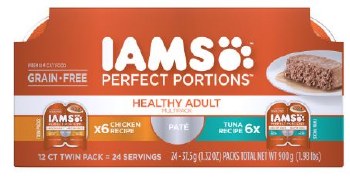 IAMS Perfect Portions Grain Free Pate with Chicken and Tuna Variety Pack Wet Cat Food case of 12, 2.6oz Trays