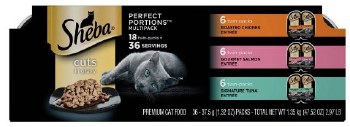 Sheba Perfect Portions Cuts in Gravy Variety Pack with Salmon, Chicken, and Tuna Grain Free Wet Cat Food case of 18, 2.6oz Twin Packs