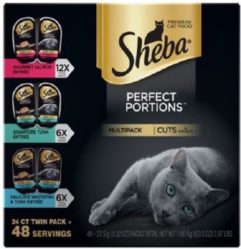 Sheba Perfect Portions Cuts in Gravy Variety Pack with Salmon, Chicken, and Tuna Grain Free Wet Cat Food case of 24, 2.6oz Twin Packs