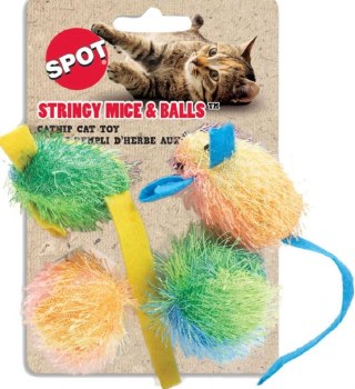 Spot Stringy Mice & Ball w Catnip, Assorted, 2 inch, 4 pack