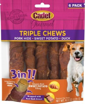 Cadet Triple Chews with Pork Hide, Sweet Potato, and Duck Dog Treats, 6 count