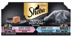 Sheba Perfect Portions Pate in Natural Juices Variety Pack with Salmon, Tuna, and Whitefish Grain Free Wet Cat Food Case of 12, 2.6oz Twin Packs