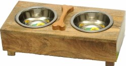 Advance Pet Wood Diner Bone set, Stainless Steel, Dog Bowls, Large