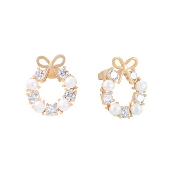 Tipperary Crystal Bow Pearl &amp; CZ Earrings Gold