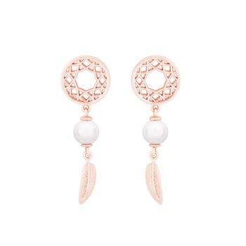 Tipperary Crystal  Feather &amp; Pearl Boho Earring Rose Gold