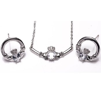 Newgrange Living Jewellery Silver Claddagh White Stone Pendant &amp; Earrings Set