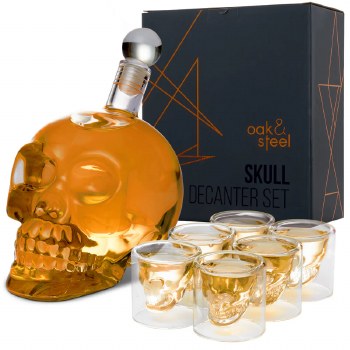 Oak &amp; Steel Skull Whiskey Decanter Set