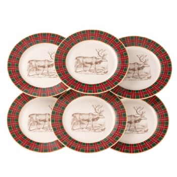 Aynsley Christmas Tartan Reindeer Plates Set 6