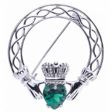 Newgrange Living Silver Cladagh Brooch Green Stone