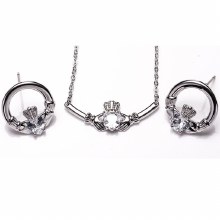 Newgrange Living Jewellery Silver Claddagh White Stone Pendant & Earrings Set