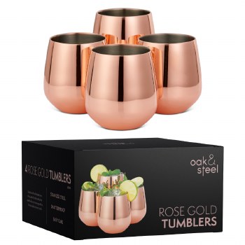 Oak &amp; Steel Tumblers with Straws Rose Gold Set of 4