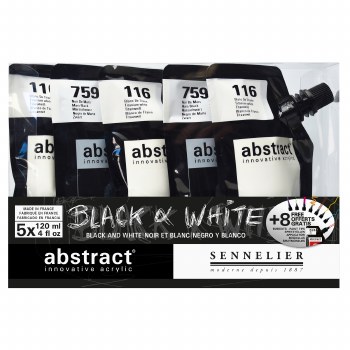 Abstract Acrylic Sets, 5-Color 120ml Black & White Set with 8-Piece Assorted Tip Set