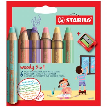 Stabilo wood 3 in 1, Six Color Pastel Set with Sharpener