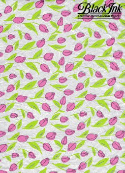 Tiny Tulips in Pink, Green & Silver on White Paper, 25" x 37"
