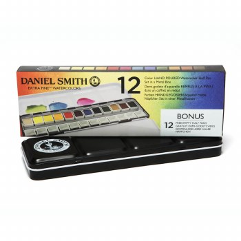 Daniel Smith Extra Fine Watercolor 12-Color Half Pan Set in Metal Box with 12 Empty Half Pans