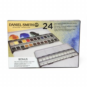 Daniel Smith Extra Fine Watercolor 24-Color Half Pan Set in Metal Box with BONUS Metal Box and 24 Empty Half Pans