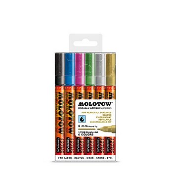 Molotow Acrylic Paint Markers, 2mm, Set of 6, Metallic