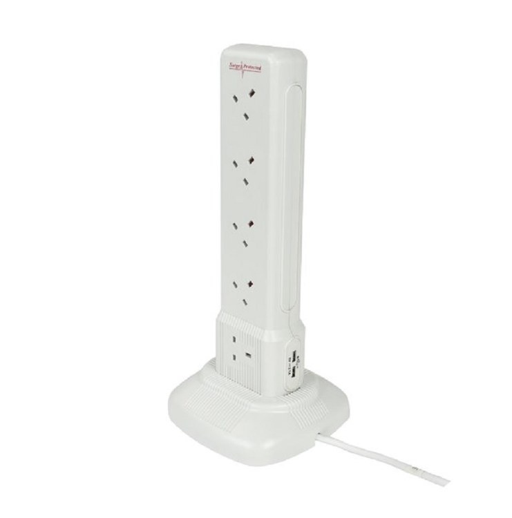 POWERMASTER 10 GANG 2 MTR SURGE PROTECTION TOWER EXTENSION LEAD WITH 2 USB OUTLETS