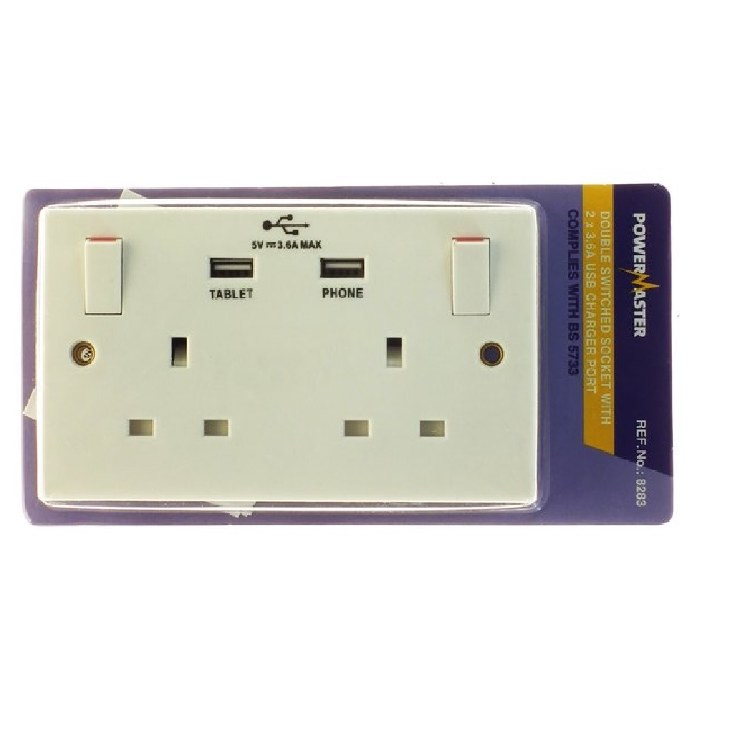 POWERMASTER 2 GANG 13AMP SWITCHED SOCKET WITH 2 USB PORTS
