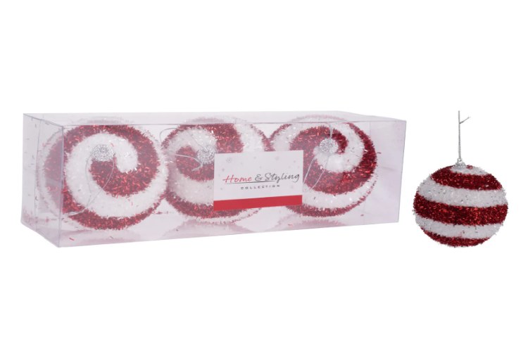 HOME &amp; STYLING COLLECTION - 3 PACK RED AND WHITE SWIRL BAUBLES