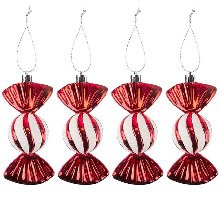 CHRISTMAS RED AND WHITE GLITTER TREE HANGING DECORATION - 4PACK 11CM SWEETS ORNAMENTS