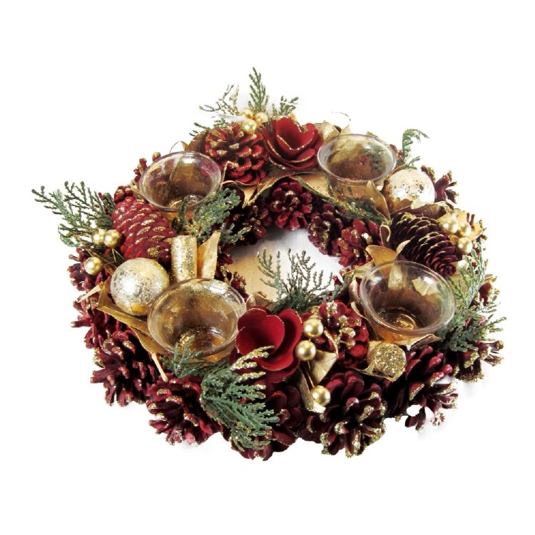 TARA LANE CENTREPIECE 4 PIECE TEALIGHT HOLDER RED CONE / GOLD BAUBLES