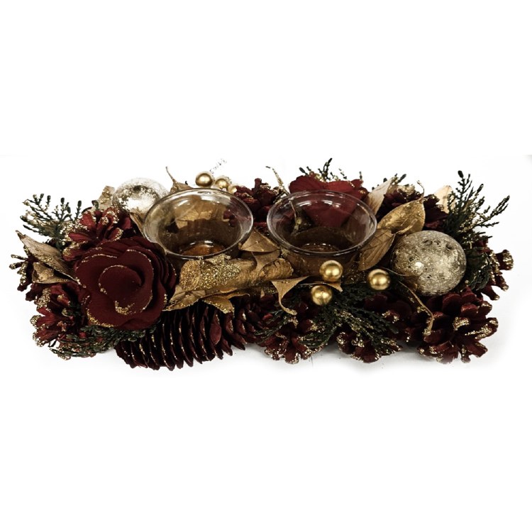 TARA LANE CENTREPIECE 2 TEALIGHT HOLDER RED CONE AND GOLD BAUBLES 30CM