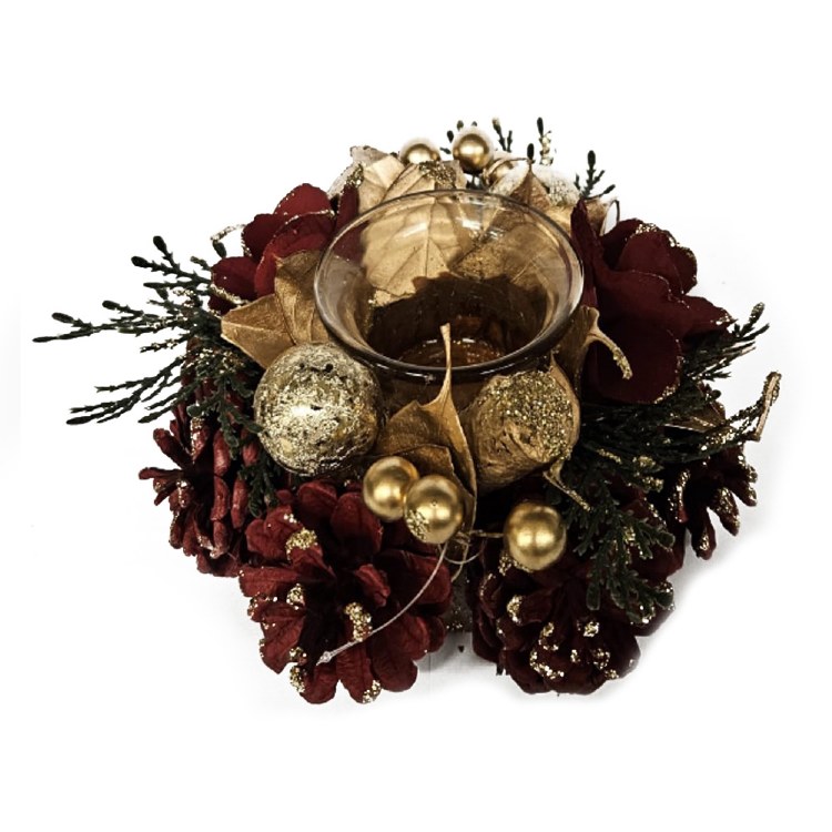 TARA LANE CENTREPIECE 1 TEALIGHT HOLDER WITH RED CONES AND GOLD BAUBLES 16CM