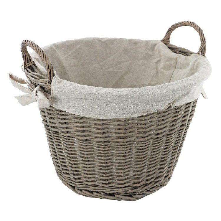 DE VIELLE NATURAL WICKER ROUND BASKET WITH CANVAS LINER - GREY