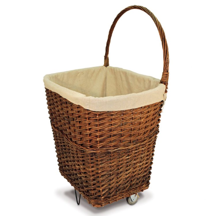 DE VIELLE LARGE NATURAL WICKER FIRELOG CART WITH CANVAS LINER