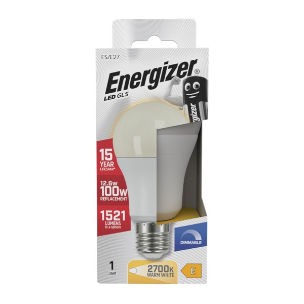 ENERGIZER LED 12.5W (100W) 1521 LUMENS E27 GLS LAMP WARM WHITE 2700K DIMMABLE