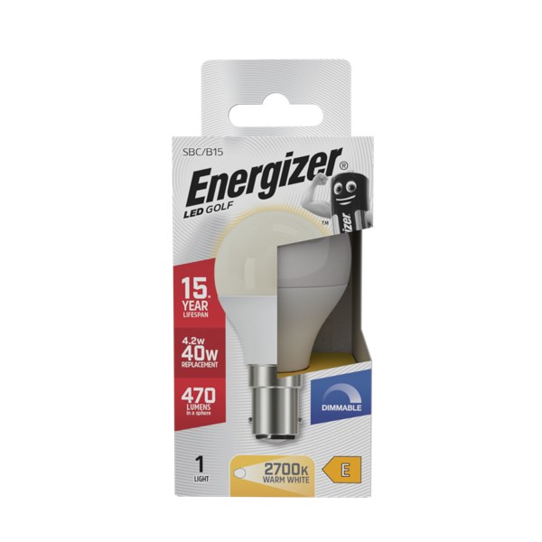 ENERGIZER LED 4.2W (40W) 470 LUMENS B15 OPAL GOLF BALL LAMP WARM WHITE 2700K DIMMABLE
