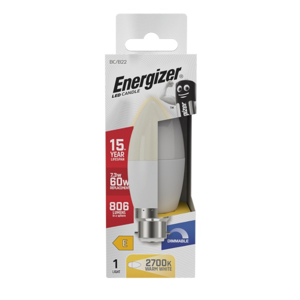 ENERGIZER LED 7.3W (60W) 806 LUMENS B22 CANDLE LAMP WARM WHITE 2700K DIMMABLE