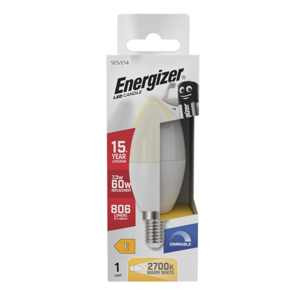 ENERGIZER LED 7.3W (60W) 806 LUMENS E14 CANDLE LAMP WARM WHITE 2700K DIMMABLE