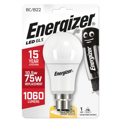 ENERGIZER LED 11.6W (75W) 1060 LUMEN BC GLS LAMP WARM WHITE