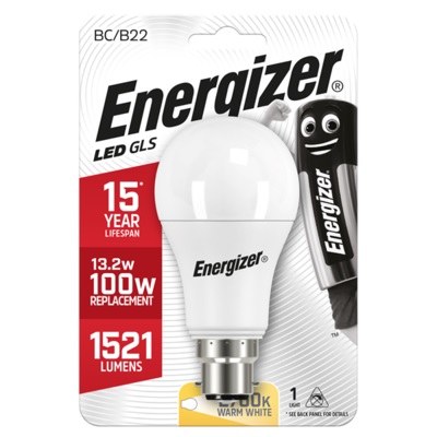 ENERGIZER LED 12.5W (100W) 1521 LUMEN BC GLS LAMP WARM WHITE