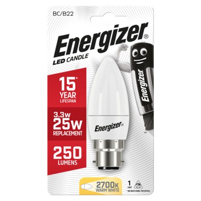 ENERGIZER LED 3.4W (25W) 250 LUMEN B22 OPAL CANDLE LAMP WARM WHITE