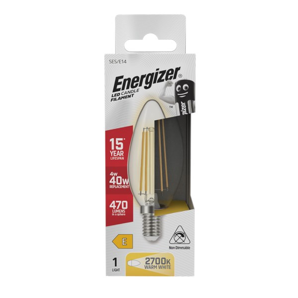 ENERGIZER LED 4W (40W) 470 LUMENS E14 FULL GLASS FILAMENT CANDLE LAMP WARM WHITE 2700K
