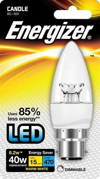 ENERGIZER LED 6.2W (40W) 470 LUMEN B22 CLEAR DIMMABLE CANDLE LAMP WARM WHITE