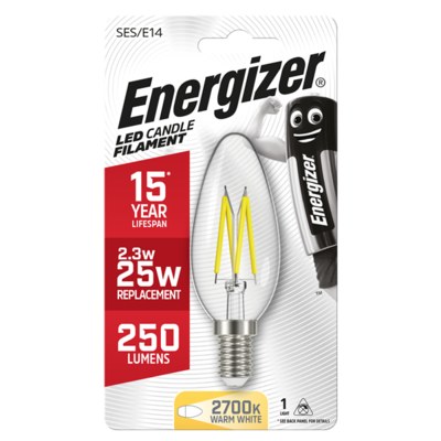 ENERGIZER LED 2.4W (25W) 250 LUMEN E14 FULL GLASS FILAMENT CANDLE LAMP