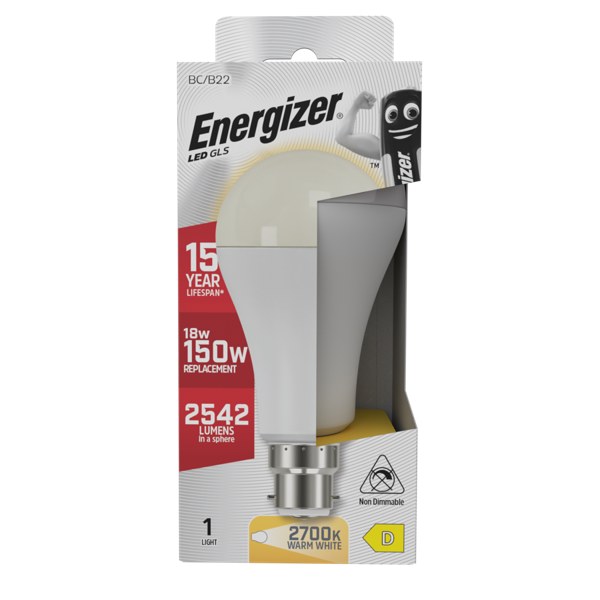 ENERGIZER LED 18W (150W) 2452 LUMENS B22 OPAL GLS LAMP WARM WHITE 2700K