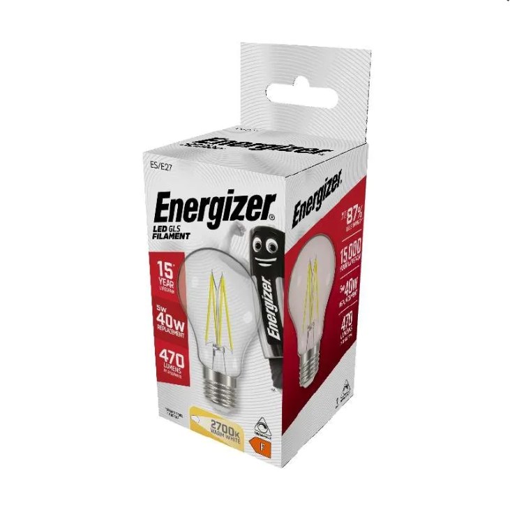 ENERGIZER LED 4.5W (40W) 470 LUMENS E27 FULL GLASS FILAMENT GLS DIMMABLE WARM WHITE