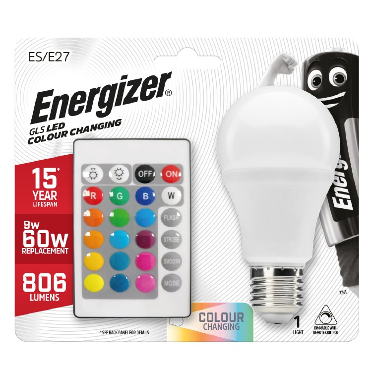 ENERGIZER 9W (60W) E27 LED REMOTE CONTROL COLOUR CHANGING GLS LAMP (MULTICOLOUR)