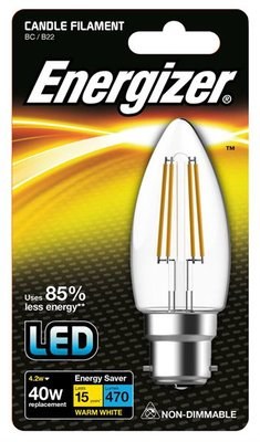 ENERGIZER LED 4W (40W) 470LUMEN B22 FULL GLASS FILAMENT CANDLE LAMP