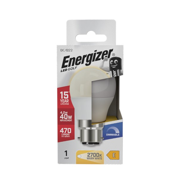 ENERGIZER LED 4.2W (40W) 470 LUMENS B22 OPAL GOLF BALL LAMP WARM WHITE 2700K DIMMABLE