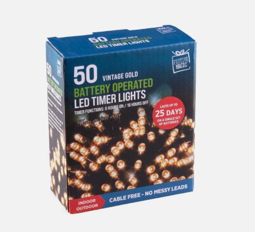 FESTIVE MAGIC LED TIMER LIGHTS WARM WHITE 50 BATTERY OPERATED